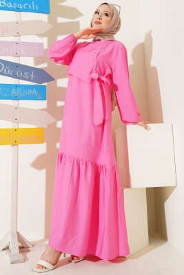 Kuş Gözü Detaylı Yandan Bağlamalı Elbise Pembe - Tesettür Elbise