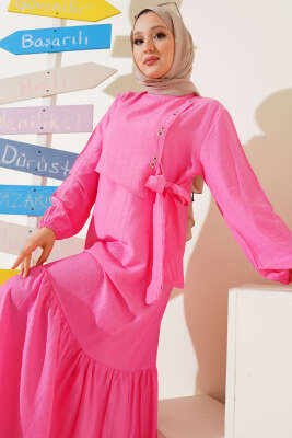 Kuş Gözü Detaylı Yandan Bağlamalı Elbise Pembe 