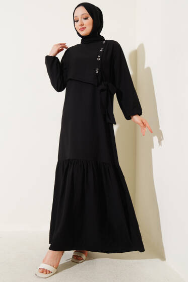 Kuş Gözü Detaylı Yandan Bağlamalı Elbise Siyah - Elbise