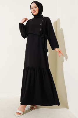 Kuş Gözü Detaylı Yandan Bağlamalı Elbise Siyah 