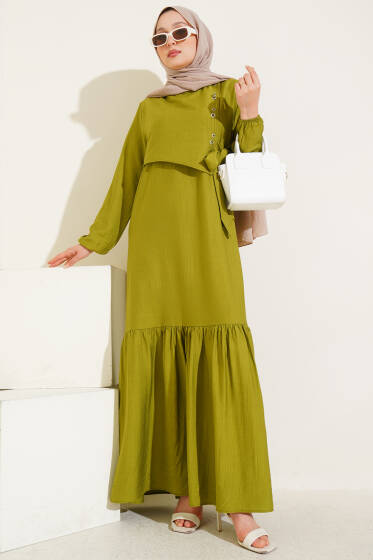 Kuş Gözü Detaylı Yandan Bağlamalı Elbise Yağ Yeşili - Elbise