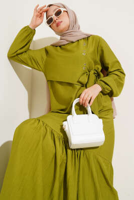 Kuş Gözü Detaylı Yandan Bağlamalı Elbise Yağ Yeşili - Tesettür Elbise