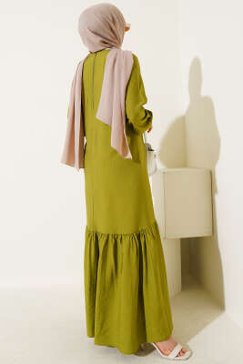 Kuş Gözü Detaylı Yandan Bağlamalı Elbise Yağ Yeşili - Tesettür Elbise