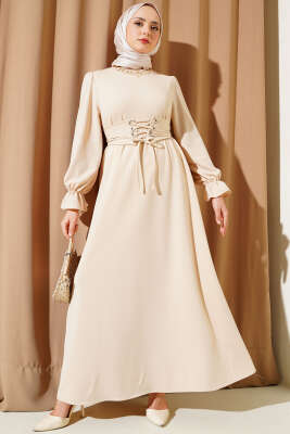 Kuş Gözü Kuşaklı Elbise Bej - Tesettür Elbise