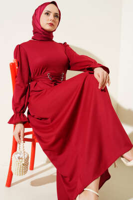 Kuş Gözü Kuşaklı Elbise Bordo 