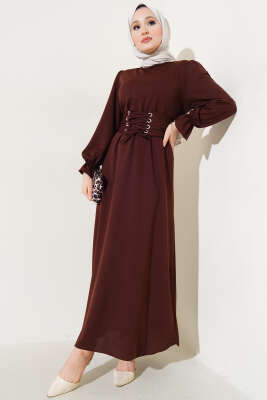 Kuş Gözü Kuşaklı Elbise Kahve 