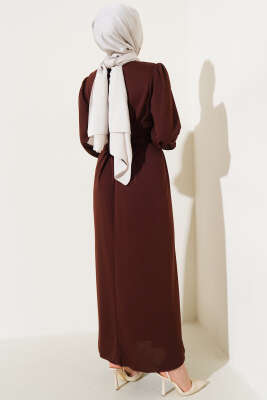 Kuş Gözü Kuşaklı Elbise Kahve - Tesettür Elbise