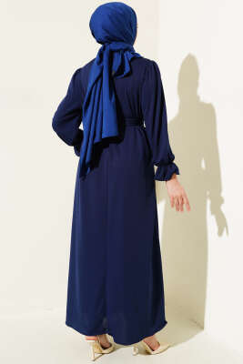 Kuş Gözü Kuşaklı Elbise Lacivert - Tesettür Elbise