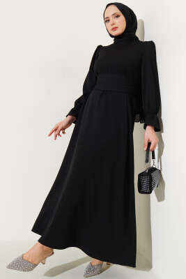 Kuş Gözü Kuşaklı Elbise Siyah 