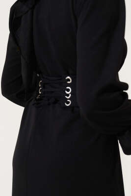 Kuş Gözü Kuşaklı Elbise Siyah - Tesettür Elbise