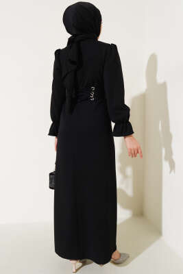 Kuş Gözü Kuşaklı Elbise Siyah - Tesettür Elbise