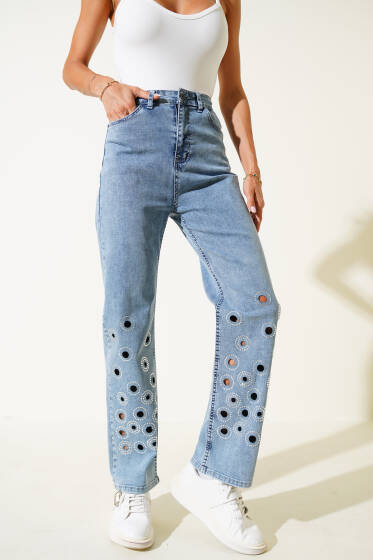 Kuş Gözü Taşlı Kot Pantolon Kar Yıkama - Kadın Giyim Modelleri