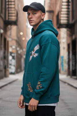 Kuş İşlemeli Kapüşonlu Erkek Sweatshirt Petrol - MACHINIST
