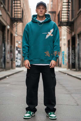 Kuş İşlemeli Kapüşonlu Erkek Sweatshirt Petrol - Erkek Sweatshirt