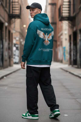 Kuş İşlemeli Kapüşonlu Erkek Sweatshirt Petrol - Erkek Sweatshirt