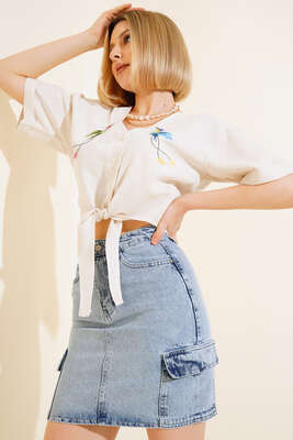 Kuş Nakışlı Bağlamalı Gömlek Bej - Kadın Giyim Modelleri