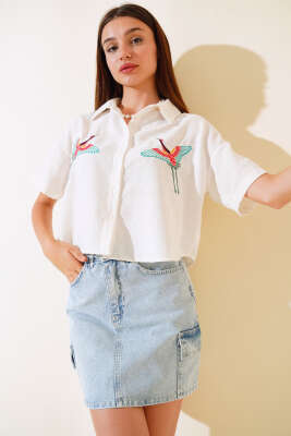 Kuş Nakışlı Gömlek Ekru - Kadın Giyim Modelleri