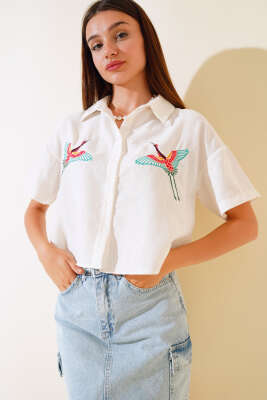 Kuş Nakışlı Gömlek Ekru 