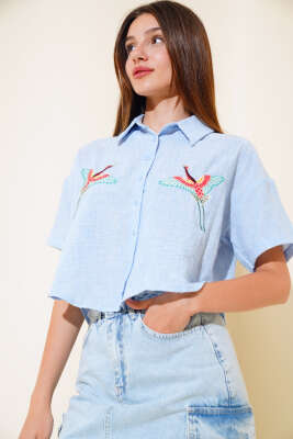 Kuş Nakışlı Gömlek Mavi - Kadın Giyim Modelleri