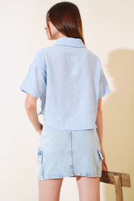 Kuş Nakışlı Gömlek Mavi - Kadın Giyim Modelleri