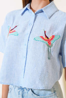 Kuş Nakışlı Gömlek Mavi - Kadın Giyim Modelleri