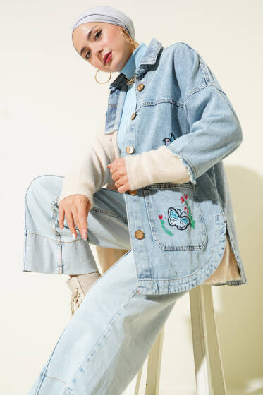 Kuş Nakışlı Sakallı Kot Ceket Kot Mavisi - Ceket