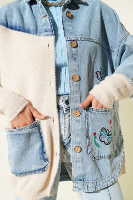 Kuş Nakışlı Sakallı Kot Ceket Kot Mavisi - Ceket