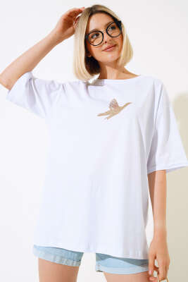 Kuş Pul Desenli T-shirt Beyaz - ADYES