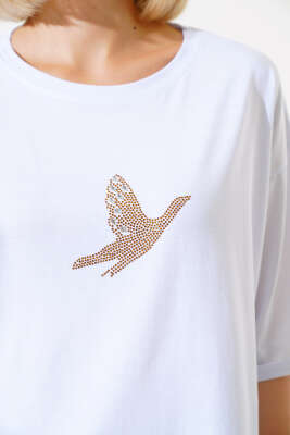 Kuş Pul Desenli T-shirt Beyaz - Kadın Giyim Modelleri