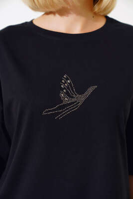 Kuş Pul Desenli T-shirt Siyah - Kadın Giyim Modelleri