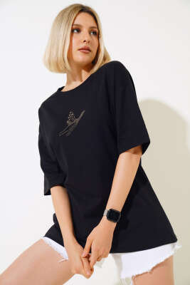 Kuş Pul Desenli T-shirt Siyah - Kadın Giyim Modelleri