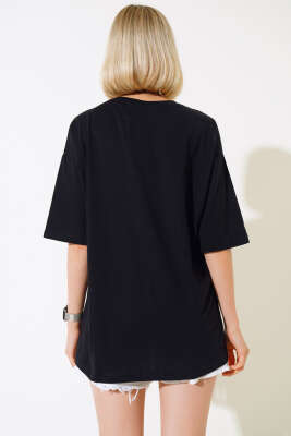 Kuş Pul Desenli T-shirt Siyah - Kadın Giyim Modelleri