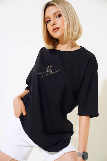 Kuş Pul Desenli T-shirt Siyah - Yeni Giyim