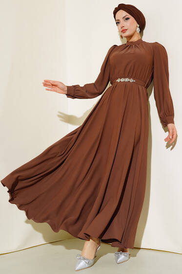Kuşağı Taşlı Elbise Kahve - Tesettür Elbise
