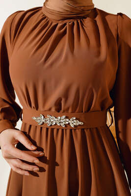 Kuşağı Taşlı Elbise Kestane - Thumbnail