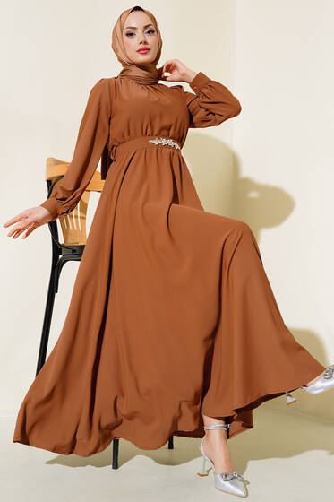 Kuşağı Taşlı Elbise Kestane - Tesettür Elbise