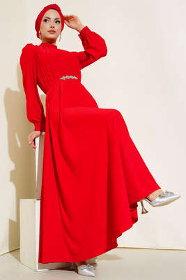 Kuşağı Taşlı Elbise Kırmızı - Thumbnail