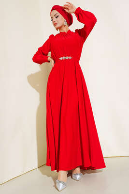 Kuşağı Taşlı Elbise Kırmızı - Thumbnail