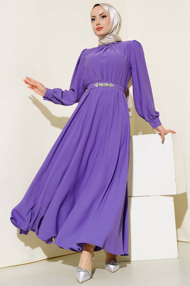 Kuşağı Taşlı Elbise Lila - Tesettür Elbise