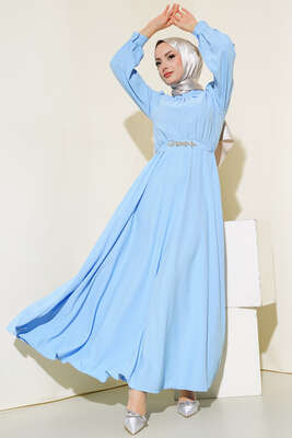 Kuşağı Taşlı Elbise Mavi - Thumbnail