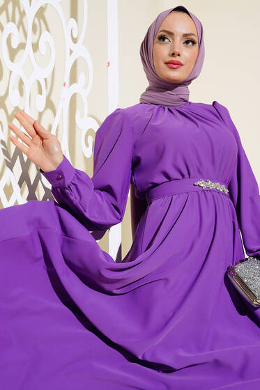 Kuşağı Taşlı Elbise Menekşe - Elbise