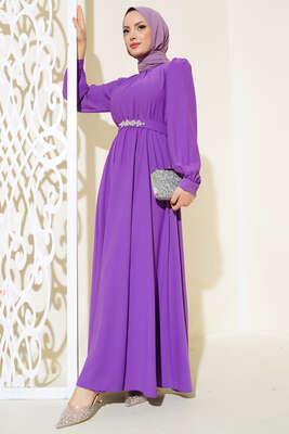 Kuşağı Taşlı Elbise Menekşe - Tesettür Elbise