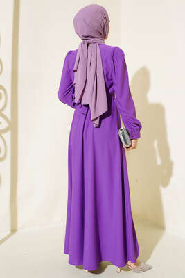 Kuşağı Taşlı Elbise Menekşe - Tesettür Elbise