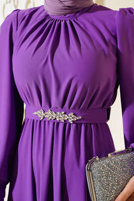 Kuşağı Taşlı Elbise Menekşe - Tesettür Elbise