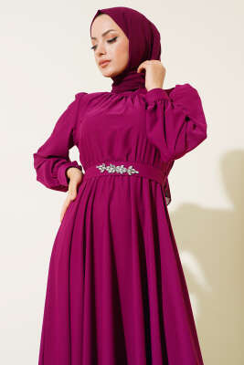 Kuşağı Taşlı Elbise Mürdüm - Tesettür Elbise