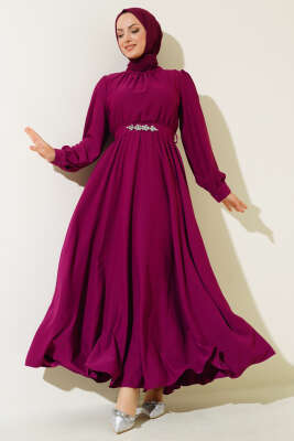 Kuşağı Taşlı Elbise Mürdüm