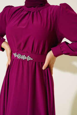 Kuşağı Taşlı Elbise Mürdüm - Tesettür Elbise