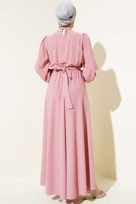Kuşağı Taşlı Elbise Pudra - Tesettür Elbise