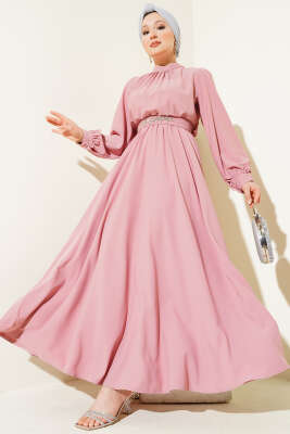 Kuşağı Taşlı Elbise Pudra 