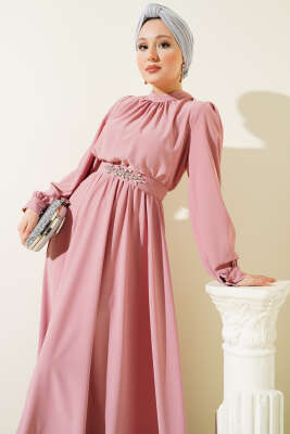 Kuşağı Taşlı Elbise Pudra - Tesettür Elbise